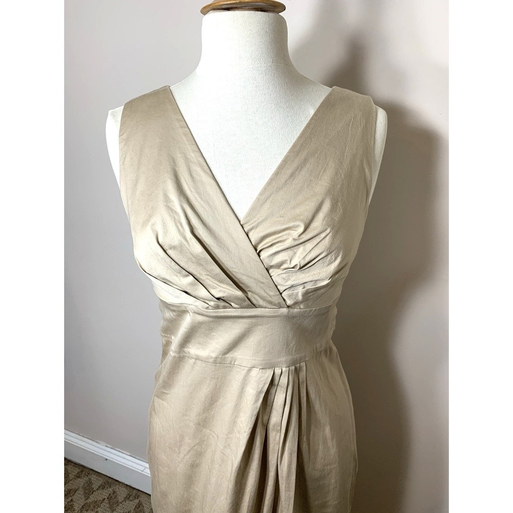 Talbots Sundress Womens Petite 8 Khaki Cotton Stretch‎ Neutral Bow V-Neck - Picture 2 of 11